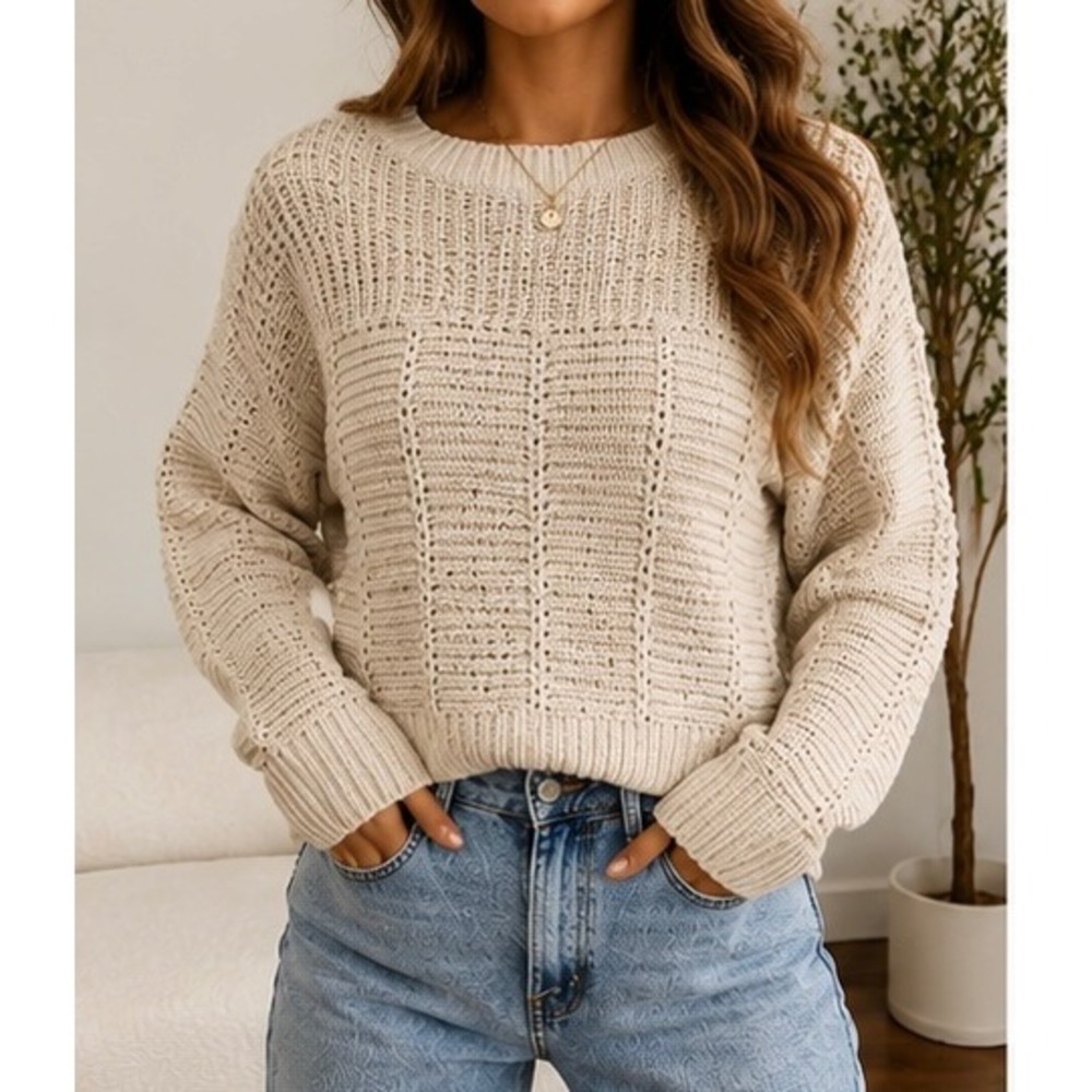 Madewell Cream Chunky Knit Crewneck Sweater Women's Size M Cotton Blend Cozy